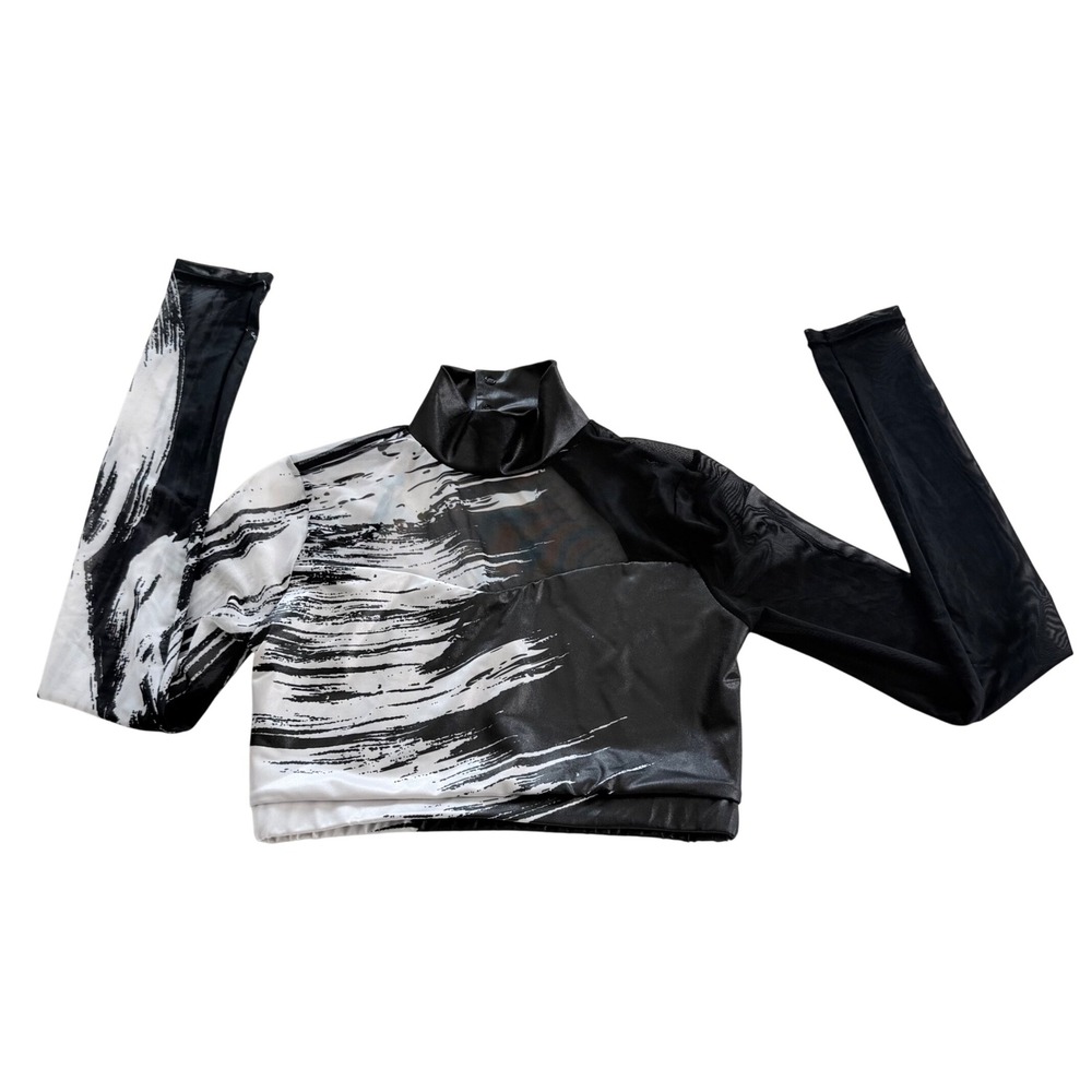 Dance Crop Top Women Small Black White Abstract Mesh Open Back Cutout